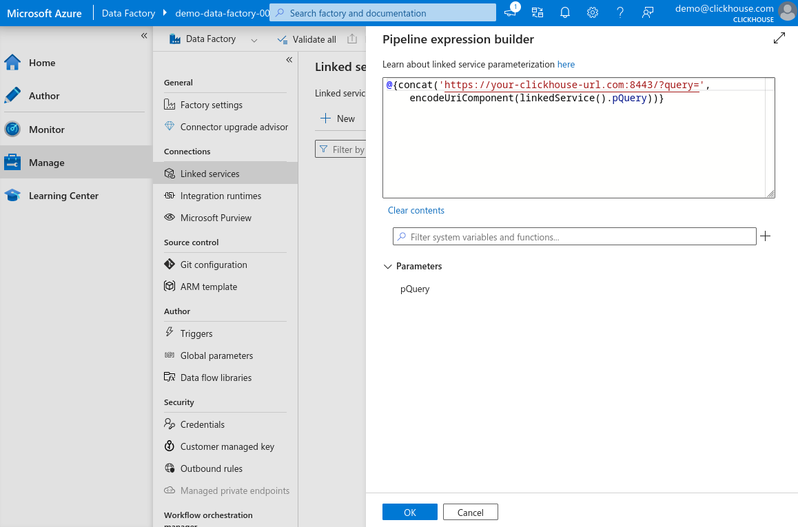 Поле выражения новой связанной службы заполнено